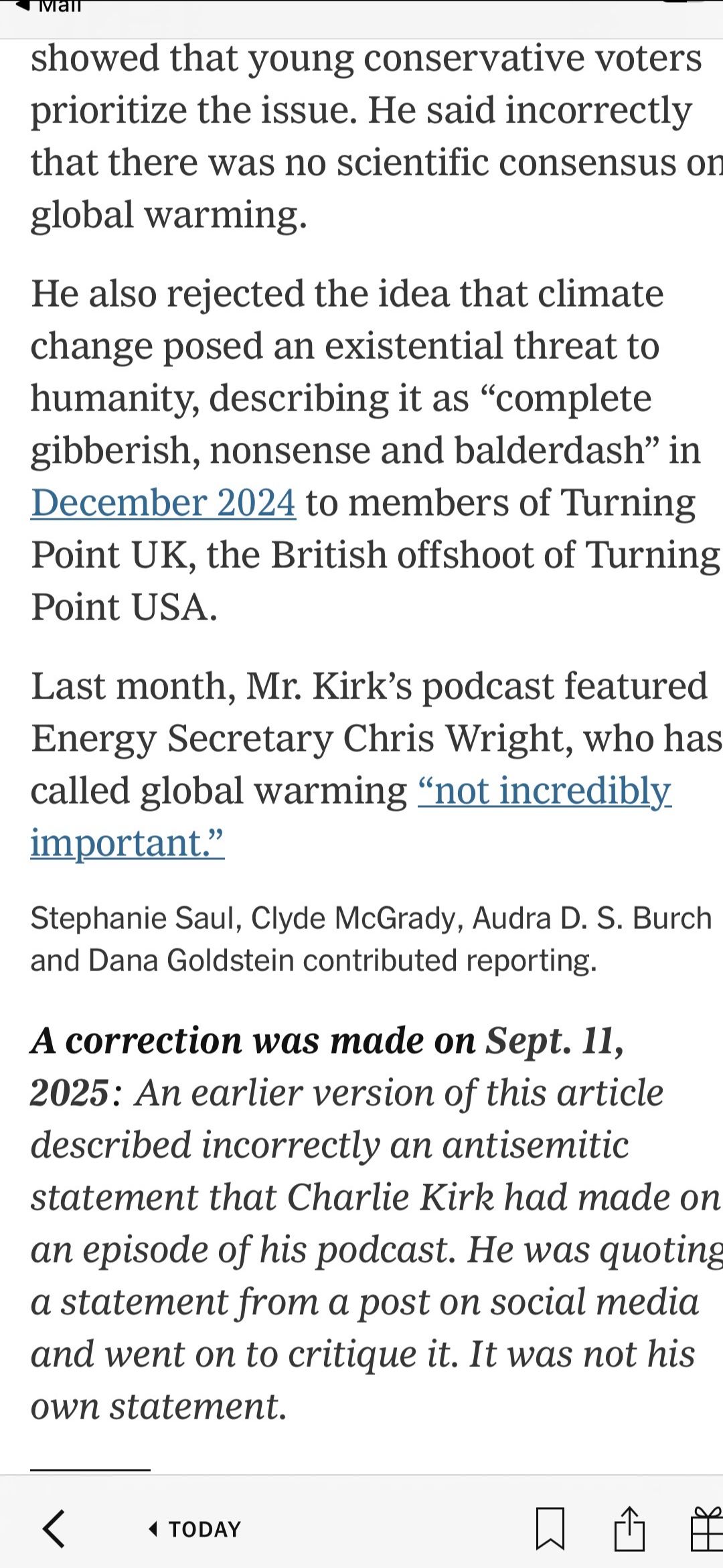 A screenshot of a correction on an article that had incorrectly stated that Charlie Kirk had made an antisemitic statement.